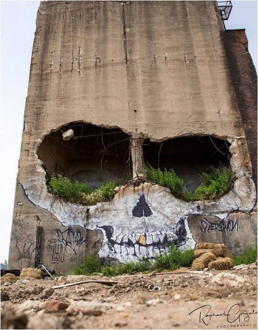 Suitswon'dan kafatası grafitisi: Greenpoint, New York'ta bir binanın kalıntıları üzerine büyük ölçekli duvar resmi