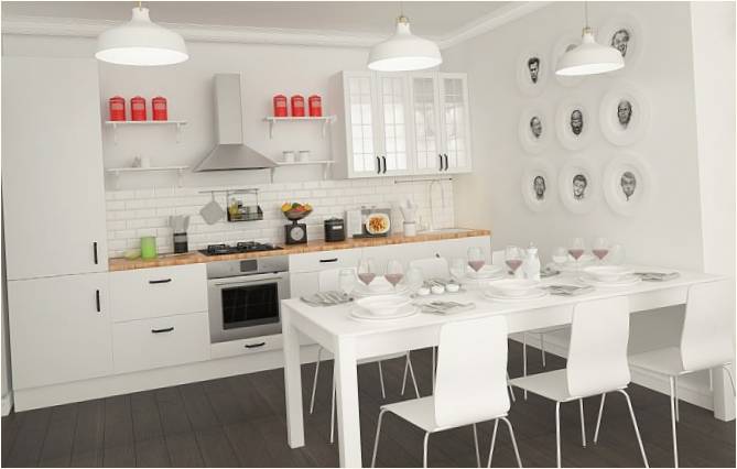 Mutfaklı beyaz yemek odası