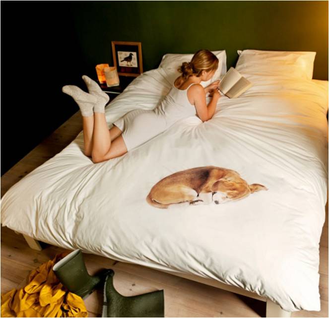 Yatak örtüsünün üzerinde bir köpek