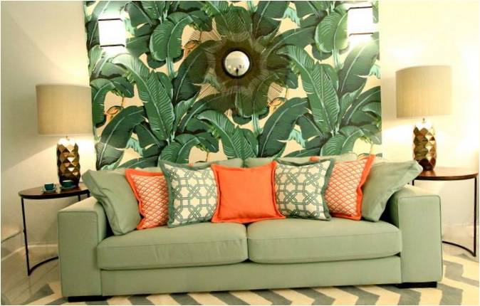 Oturma odanızın içi için orijinal tropikal desenli fotoğraflı duvar kağıdı